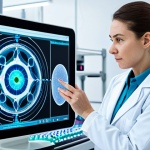 A focused professional female scientist in a modest lab coat, standing in a clean, modern research laboratory. She is observing a vibrant, translucent holographic display in front of her, which shows intricate quantum models and molecular structures. Her other hand holds a tablet displaying a detailed 3D rendering of a new drug molecule. The lab environment features subtle futuristic equipment and soft, intelligent lighting, emphasizing precision and innovation.
    safe for work, appropriate content, fully clothed, professional, family-friendly, perfect anatomy, correct proportions, natural pose, well-formed hands, proper finger count, natural body proportions, professional dress, appropriate attire, high-resolution, detailed, sharp focus, scientific photography.