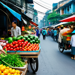 **

"A bustling, colorful street market in Hanoi, Vietnam, filled with vendors selling fresh produce, flowers, and street food. People are wearing traditional Ao Dai. Safe for work, appropriate content, fully clothed, professional, perfect anatomy, natural proportions, vibrant colors, high resolution."

**