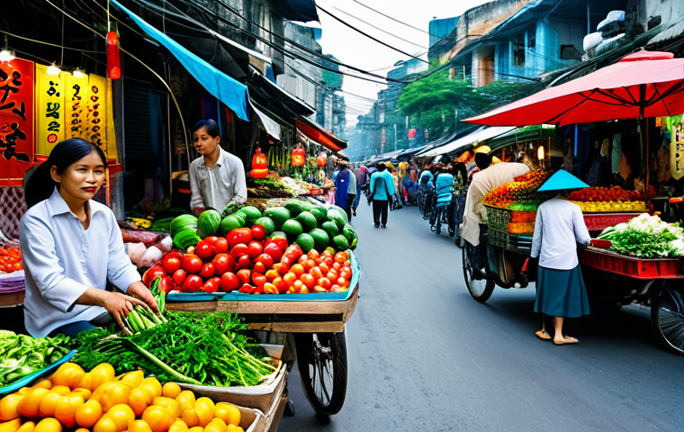 **

"A bustling, colorful street market in Hanoi, Vietnam, filled with vendors selling fresh produce, flowers, and street food. People are wearing traditional Ao Dai. Safe for work, appropriate content, fully clothed, professional, perfect anatomy, natural proportions, vibrant colors, high resolution."

**