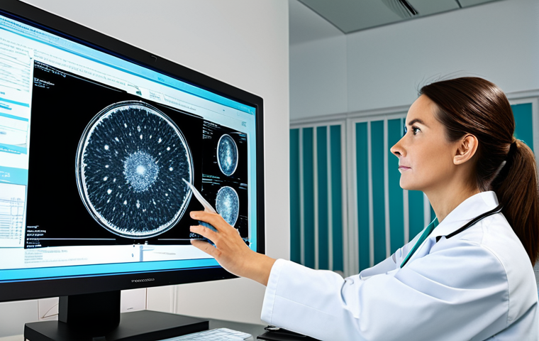 양자이미징 기술 - Medical Diagnosis**
"A doctor in a modern, clean clinic examining a high-resolution quantum image o...