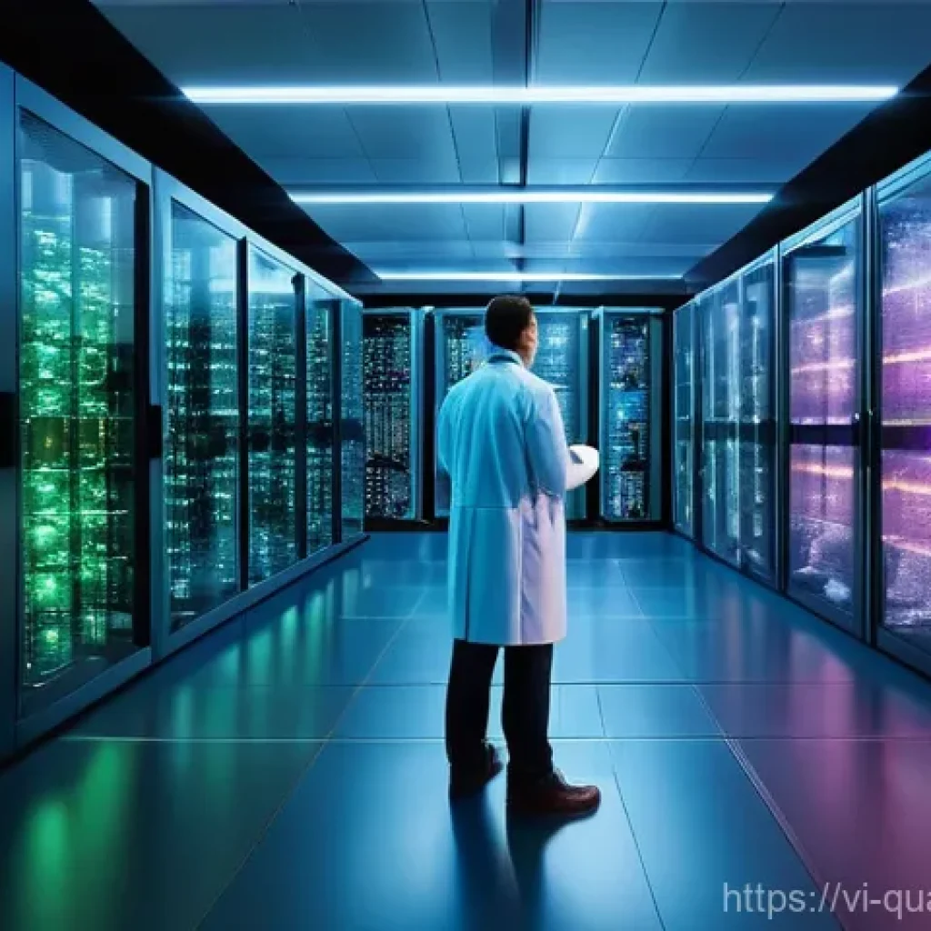 양자통신 - **Quantum Key Distribution (QKD) Security:** A futuristic, highly secure server room or data center,...