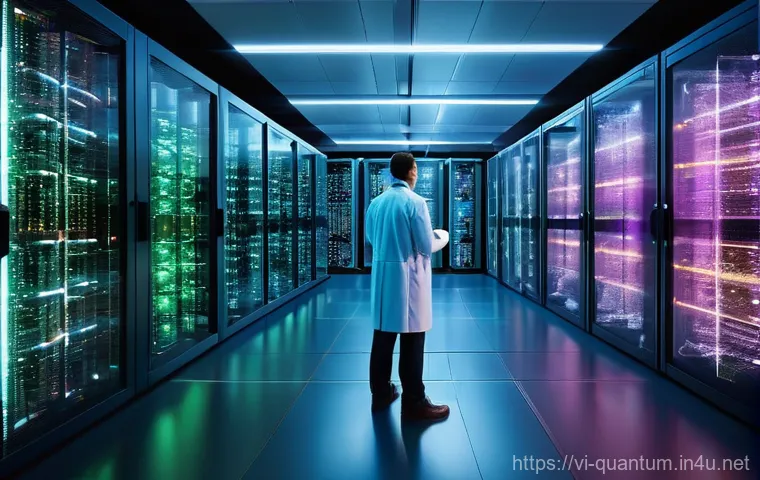 양자통신 - **Quantum Key Distribution (QKD) Security:** A futuristic, highly secure server room or data center,...