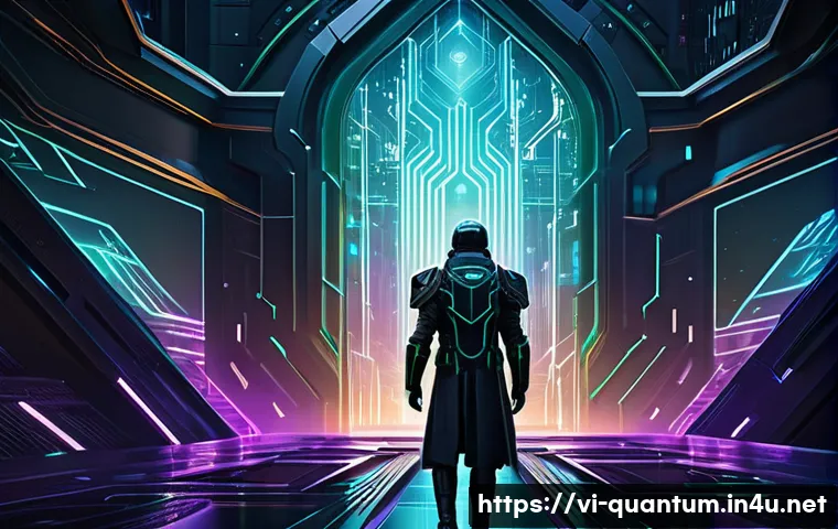 양자암호화 - **Quantum Security Citadel:**
"A majestic, futuristic digital citadel rises from a dark, intrica...