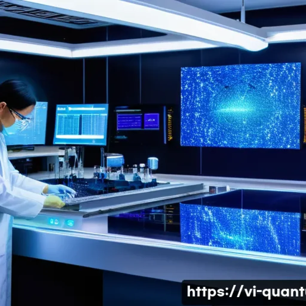 양자레이저 - A highly detailed futuristic laboratory scene in Vietnam featuring a quantum laser device composed o...