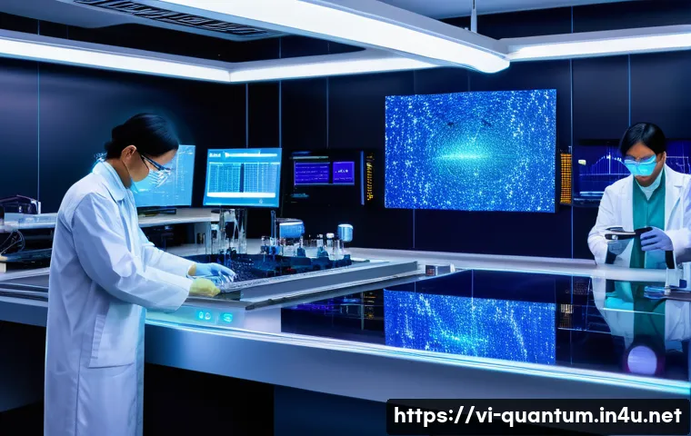 양자레이저 - A highly detailed futuristic laboratory scene in Vietnam featuring a quantum laser device composed o...