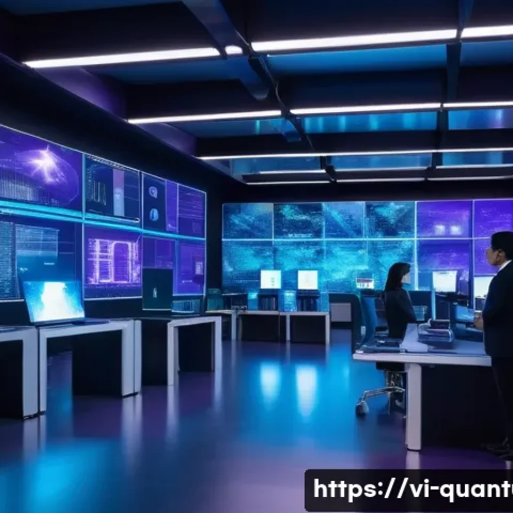 양자컴퓨터와 클라우드 컴퓨팅 - A futuristic quantum computer lab scene showing a sleek, high-tech quantum processor with glowing qu...