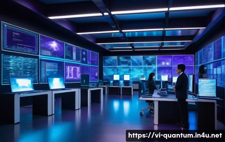 양자컴퓨터와 클라우드 컴퓨팅 - A futuristic quantum computer lab scene showing a sleek, high-tech quantum processor with glowing qu...