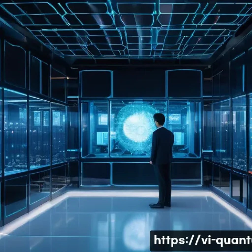 양자컴퓨터의 실용화 - A futuristic quantum computing laboratory scene in Vietnam, showing a scientist wearing business cas...