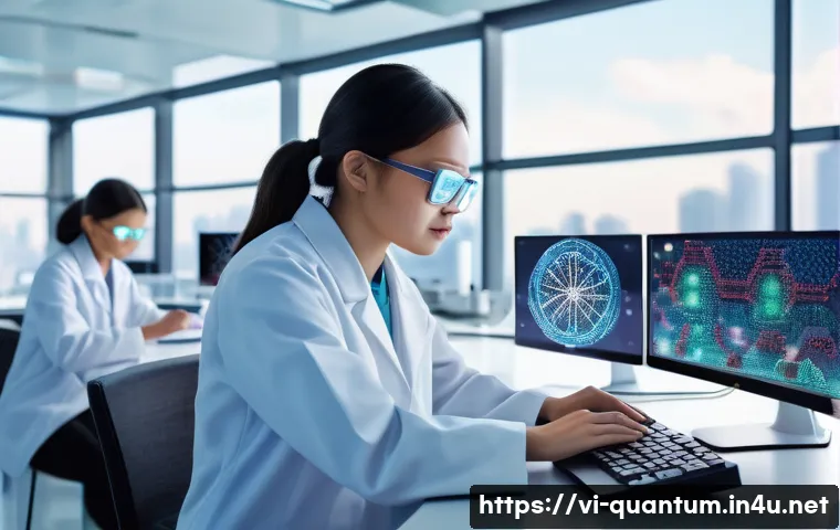 양자화학의 실험 - A highly detailed scientific laboratory scene focused on molecular simulation for new material desig...