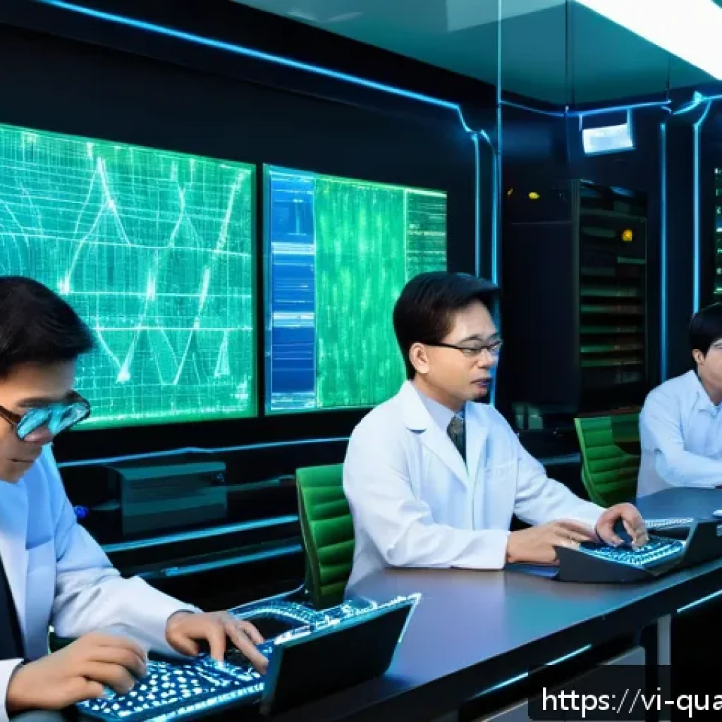 양자암호 해독 - A futuristic quantum encryption laboratory scene showing scientists in modern Vietnamese-style busin...