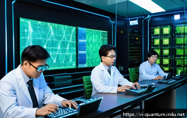 양자암호 해독 - A futuristic quantum encryption laboratory scene showing scientists in modern Vietnamese-style busin...