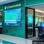 Home 21 양자통신 국제 표준 - A futuristic Vietnamese bank interior showcasing quantum communication technology in action: sleek g...