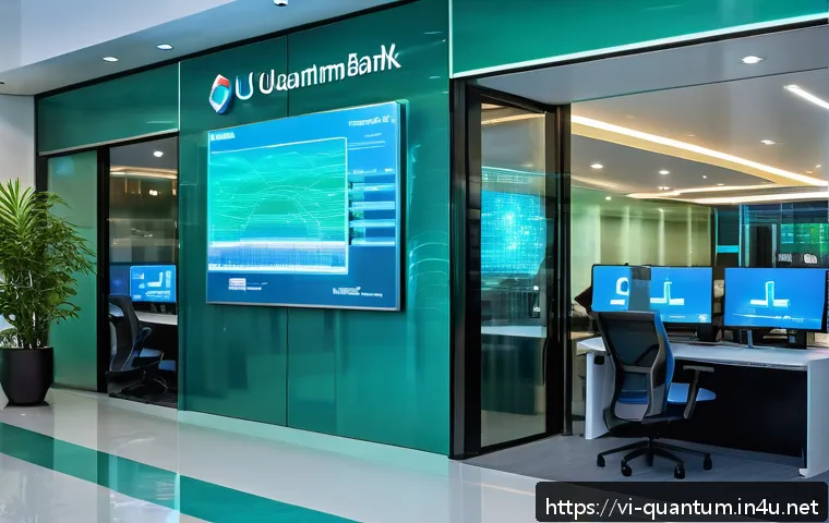 양자통신 국제 표준 - A futuristic Vietnamese bank interior showcasing quantum communication technology in action: sleek g...
