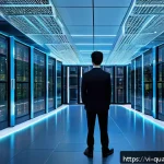 Home 20 양자암호화의 발전 - A futuristic Vietnamese bank data center equipped with advanced quantum encryption technology, glowi...