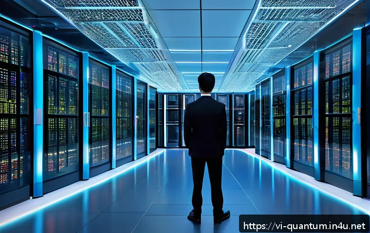 양자암호화의 발전 - A futuristic Vietnamese bank data center equipped with advanced quantum encryption technology, glowi...