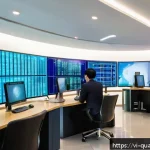 Home 19 양자암호화의 실용화 - A modern Vietnamese bank interior with diverse professionals working on advanced quantum encryption ...