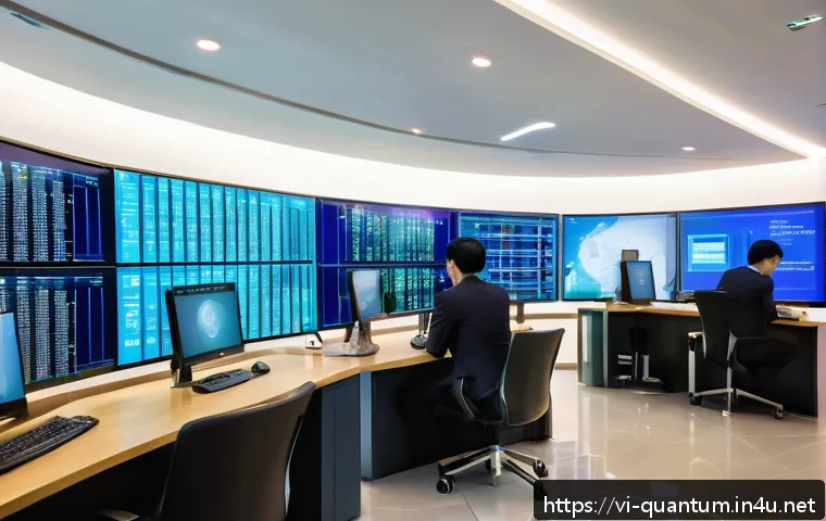 양자암호화의 실용화 - A modern Vietnamese bank interior with diverse professionals working on advanced quantum encryption ...