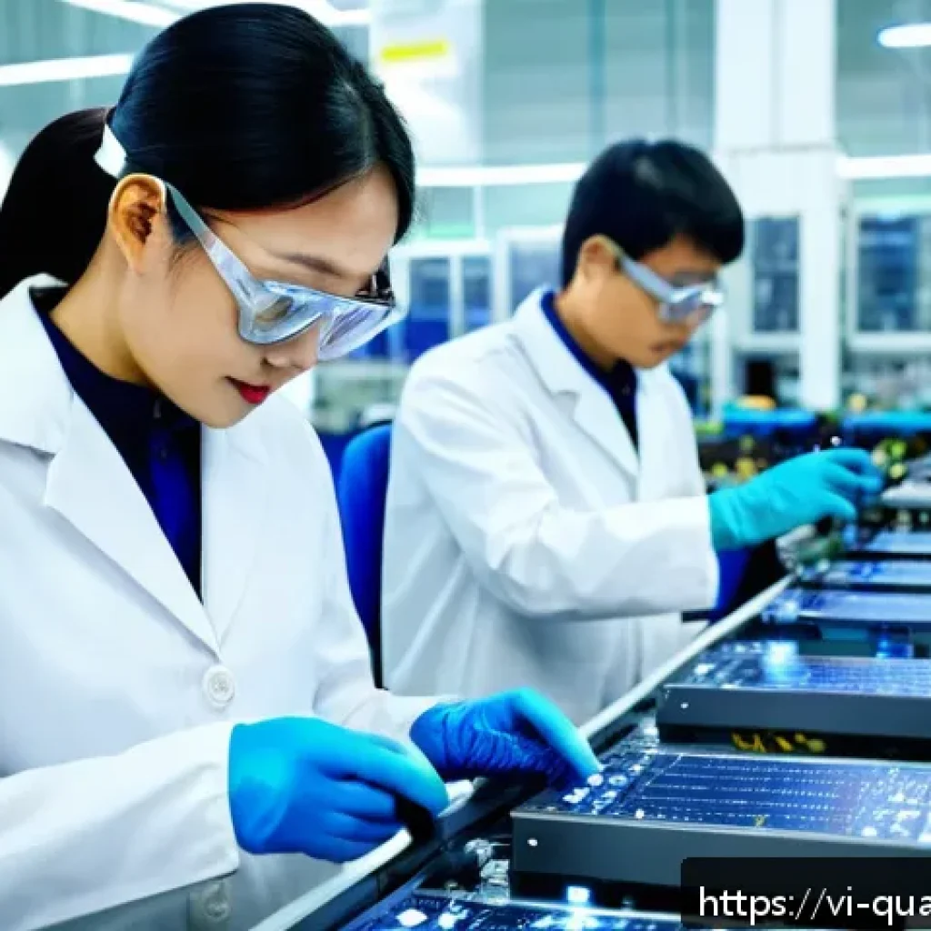 양자컴퓨터와 산업 변화 - A modern Vietnamese electronics factory interior showing advanced quantum computing technology in us...