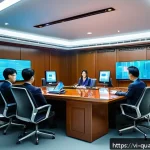 Home 23 양자컴퓨터의 법적 규제 - A futuristic Vietnamese government office interior focused on quantum technology regulation: a diver...