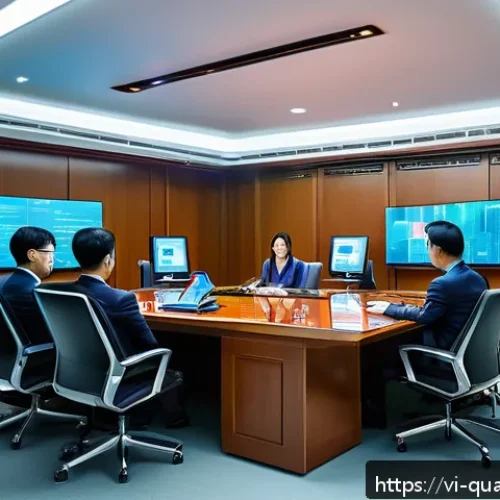 Home 17 양자컴퓨터의 법적 규제 - A futuristic Vietnamese government office interior focused on quantum technology regulation: a diver...