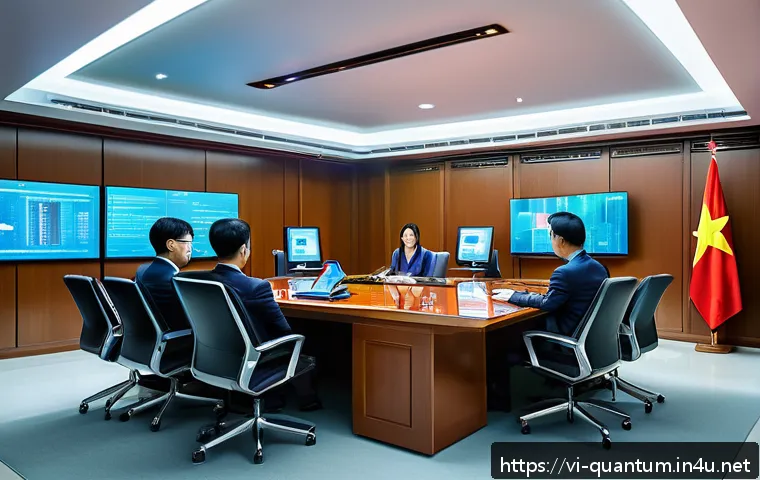 양자컴퓨터의 법적 규제 - A futuristic Vietnamese government office interior focused on quantum technology regulation: a diver...