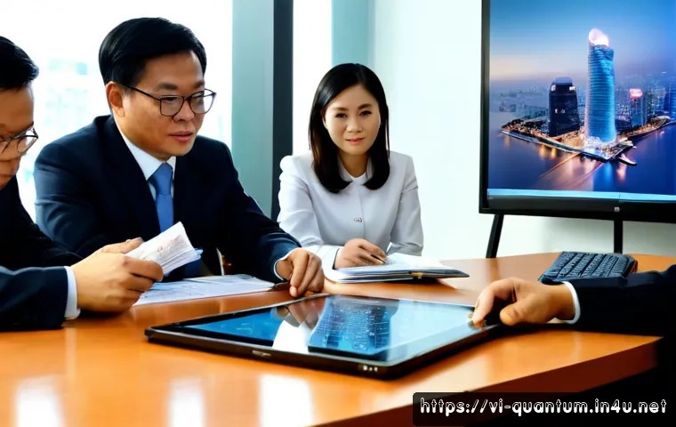 Home 26 양자컴퓨터 투자 동향 - Photorealistic modern investment meeting in Ho Chi Minh City, Vietnamese financial professionals rev...