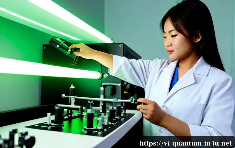Home 17 양자광학의 핵심 기술 - Photorealistic quantum optics laboratory in Vietnam, a Vietnamese female physicist in a clean white ...